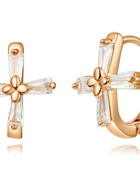 Women's Rectangular Cross Cubic Zirconia Elegant Three Diamond Huggie Earring